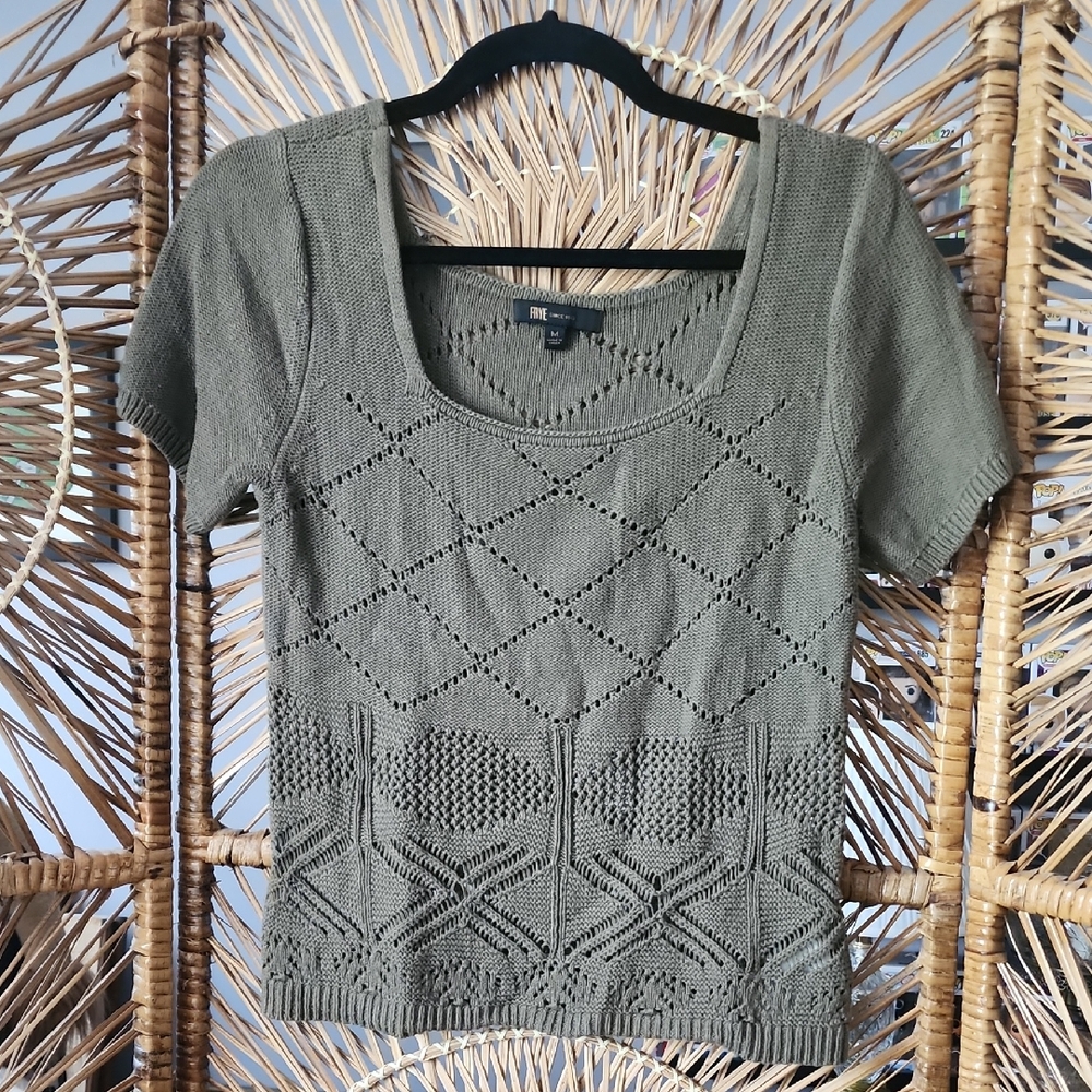 Frye Green Open Knit Short Sleeved Sweater